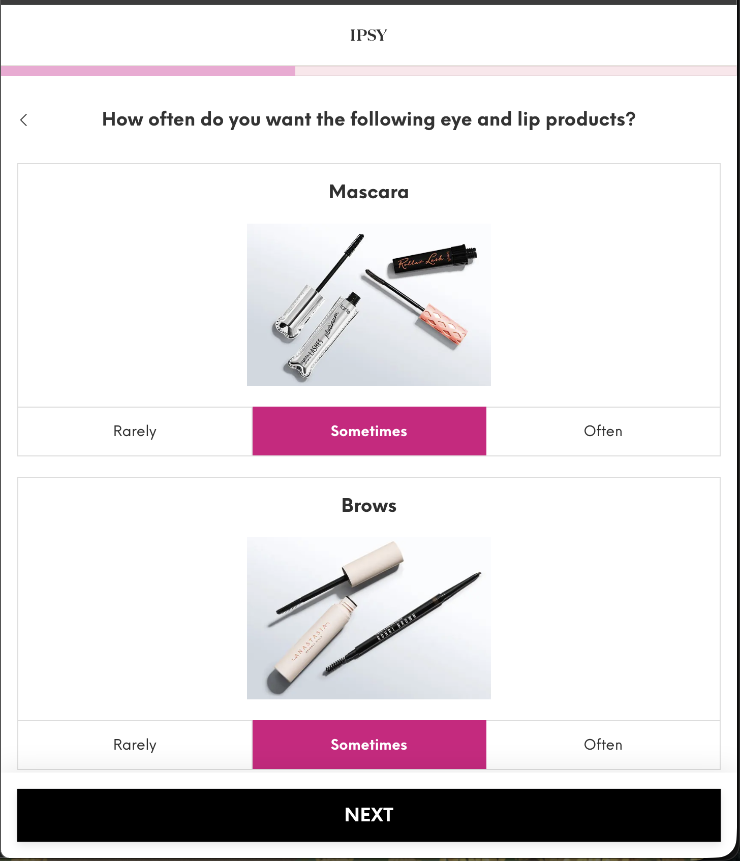 Quiz: product frequency matrix pre-filled to Sometimes